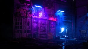 Cyberpunk Alleyway with Neon Signs and Graffiti in a Rainy Night Setting HD wallpaper