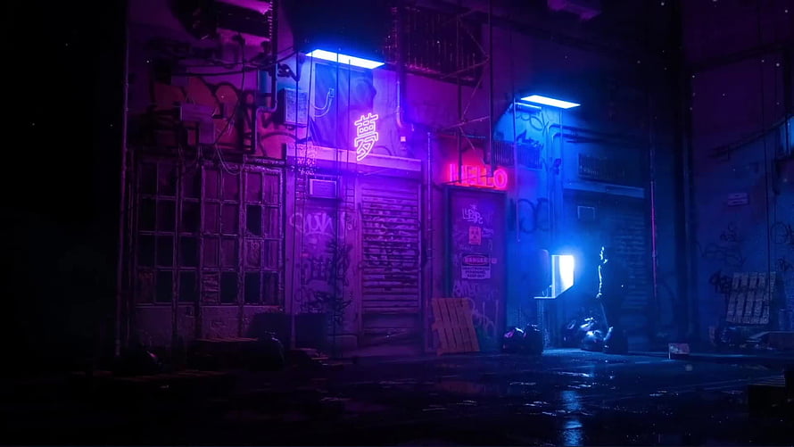 Cyberpunk Alleyway with Neon Signs and Graffiti in a Rainy Night Setting HD wallpaper