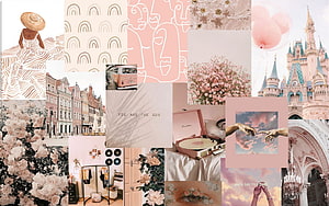 Soft Pink Aesthetic Collage with Flowers, Castle, and Vintage Elements HD wallpaper