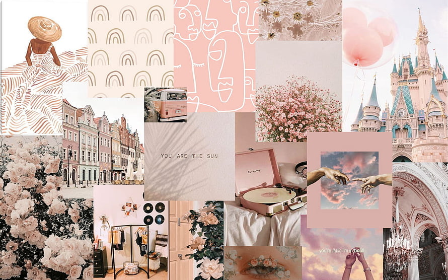 Soft Pink Aesthetic Collage with Flowers, Castle, and Vintage Elements HD wallpaper