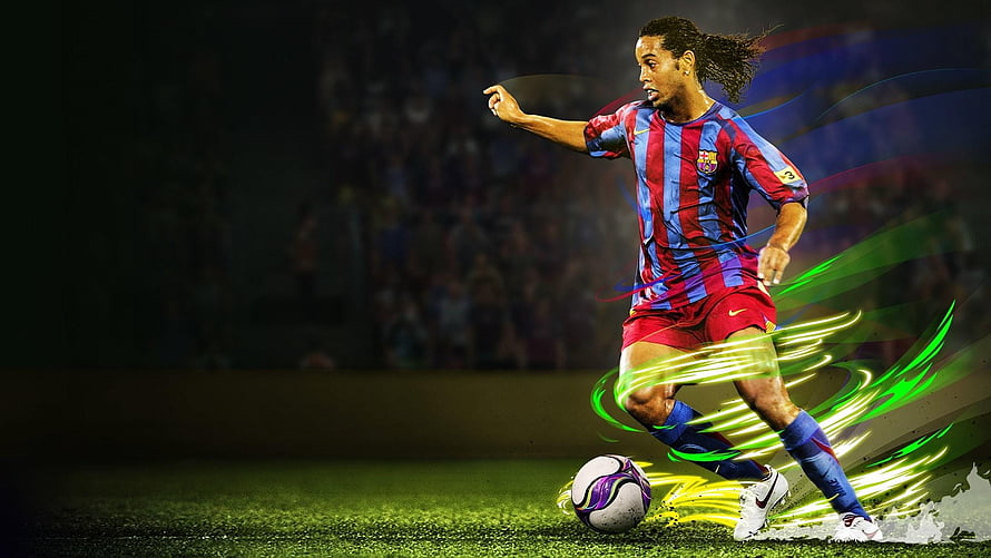 Ronaldinho in Barcelona kit dribbling with dynamic green energy trails on a night football pitch HD wallpaper