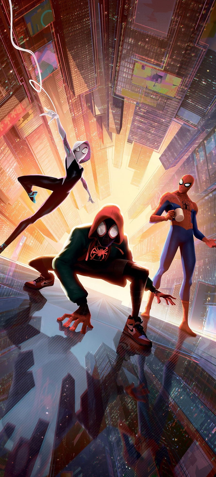 Spider-Man Across the Spider-Verse Miles Morales and Gwen Stacy on a Glass Rooftop HD phone wallpaper