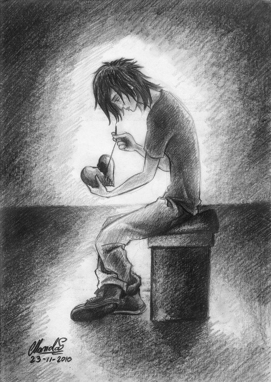 Monochrome Pencil Sketch of a Young Man Mending a Broken Heart HD phone wallpaper