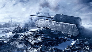 Maus Tank in Snowy Battlefield with Smoke and Destroyed Vehicles HD wallpaper