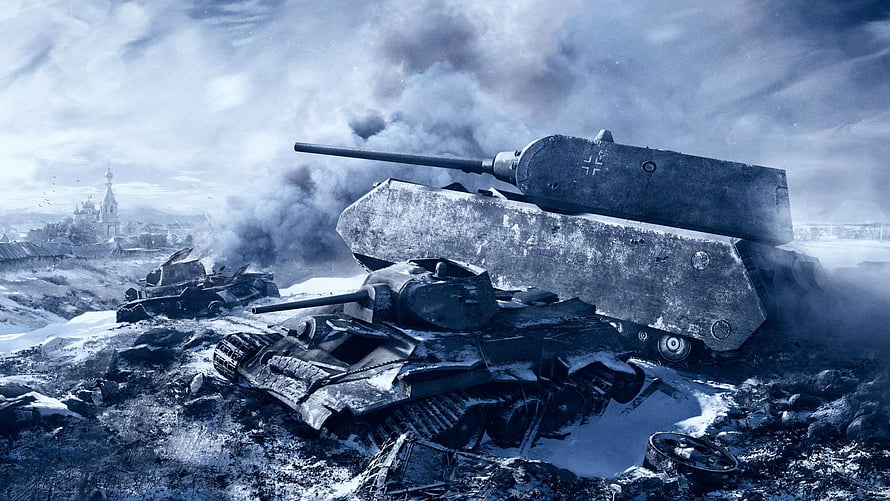 Maus Tank in Snowy Battlefield with Smoke and Destroyed Vehicles HD wallpaper