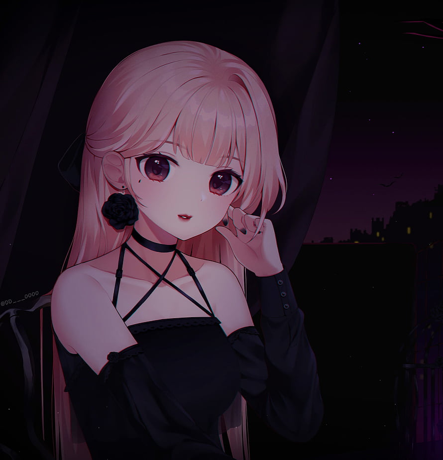Pink-Haired Anime Girl in Black Gothic Dress with Rose Earring HD phone wallpaper