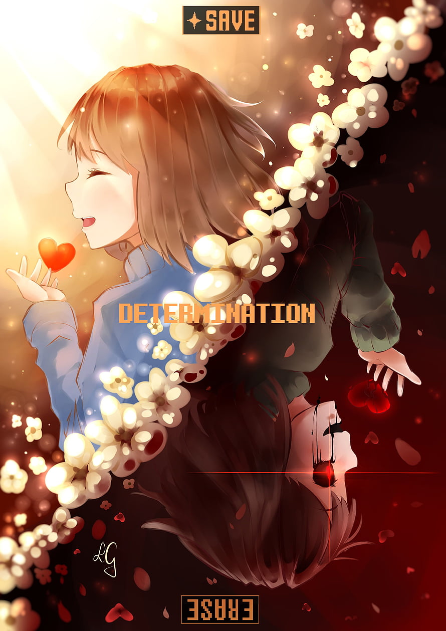 Undertale Frisk and Chara Dual Portrait with Cherry Blossoms and Heart Motifs HD phone wallpaper