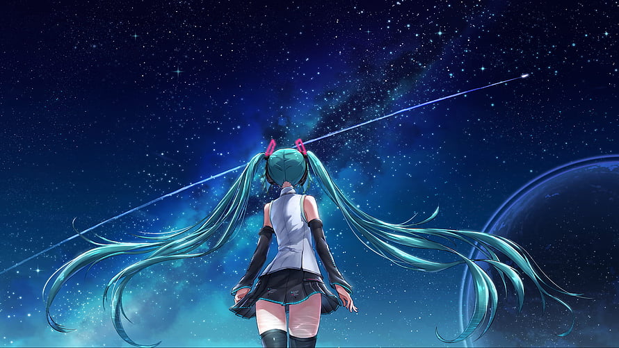 Hatsune Miku gazing at a starry night sky with a shooting star and planet HD wallpaper