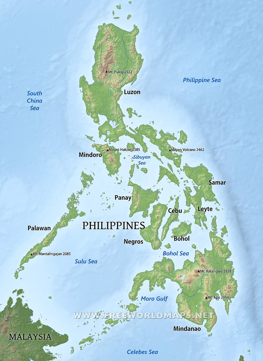Detailed Physical Map of the Philippines Showing Major Islands and Volcanic Peaks HD phone wallpaper