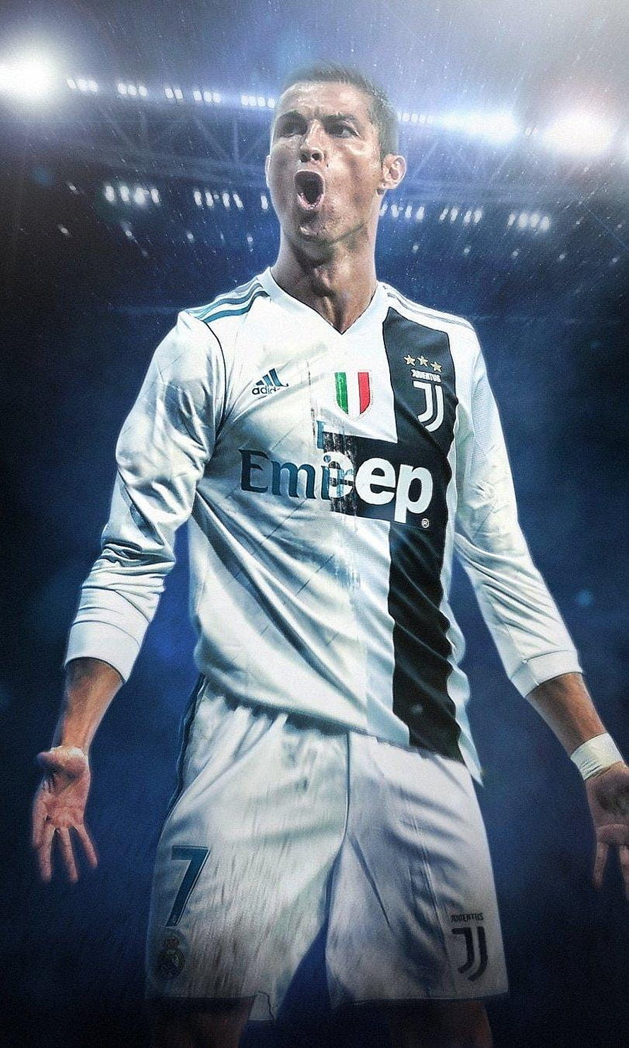 Cristiano Ronaldo in Juventus Home Kit Celebrating Under Stadium Floodlights HD phone wallpaper