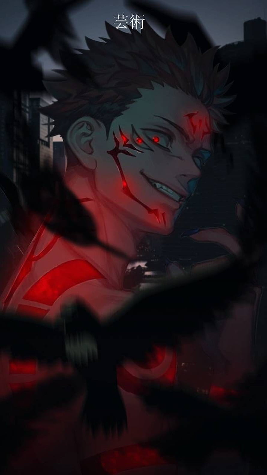 Sukuna from Jujutsu Kaisen with glowing red markings and dark cursed energy HD phone wallpaper