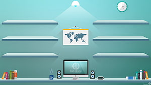 Minimalist Teal Home Office with Floating Shelves and Desktop Computer HD wallpaper