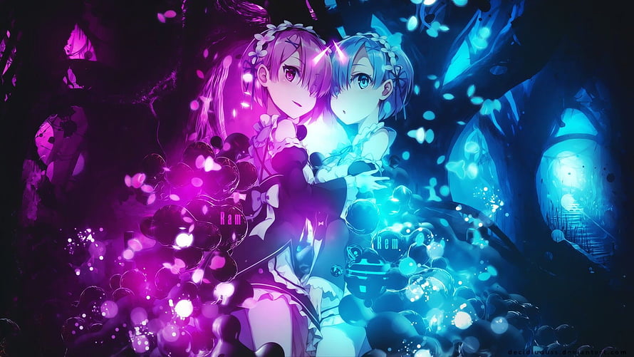 Ram and Rem from Re Zero in a Duality of Purple and Blue Light HD wallpaper
