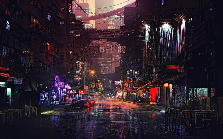 Cyberpunk City Street at Night with Neon Lights and Rain HD wallpaper