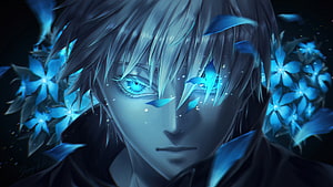 Satoru Gojo from Jujutsu Kaisen with glowing blue eyes and floating petals in a dark fantasy anime portrait HD wallpaper