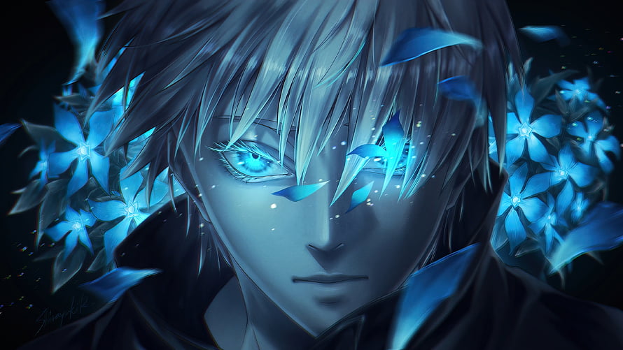 Satoru Gojo from Jujutsu Kaisen with glowing blue eyes and floating petals in a dark fantasy anime portrait HD wallpaper