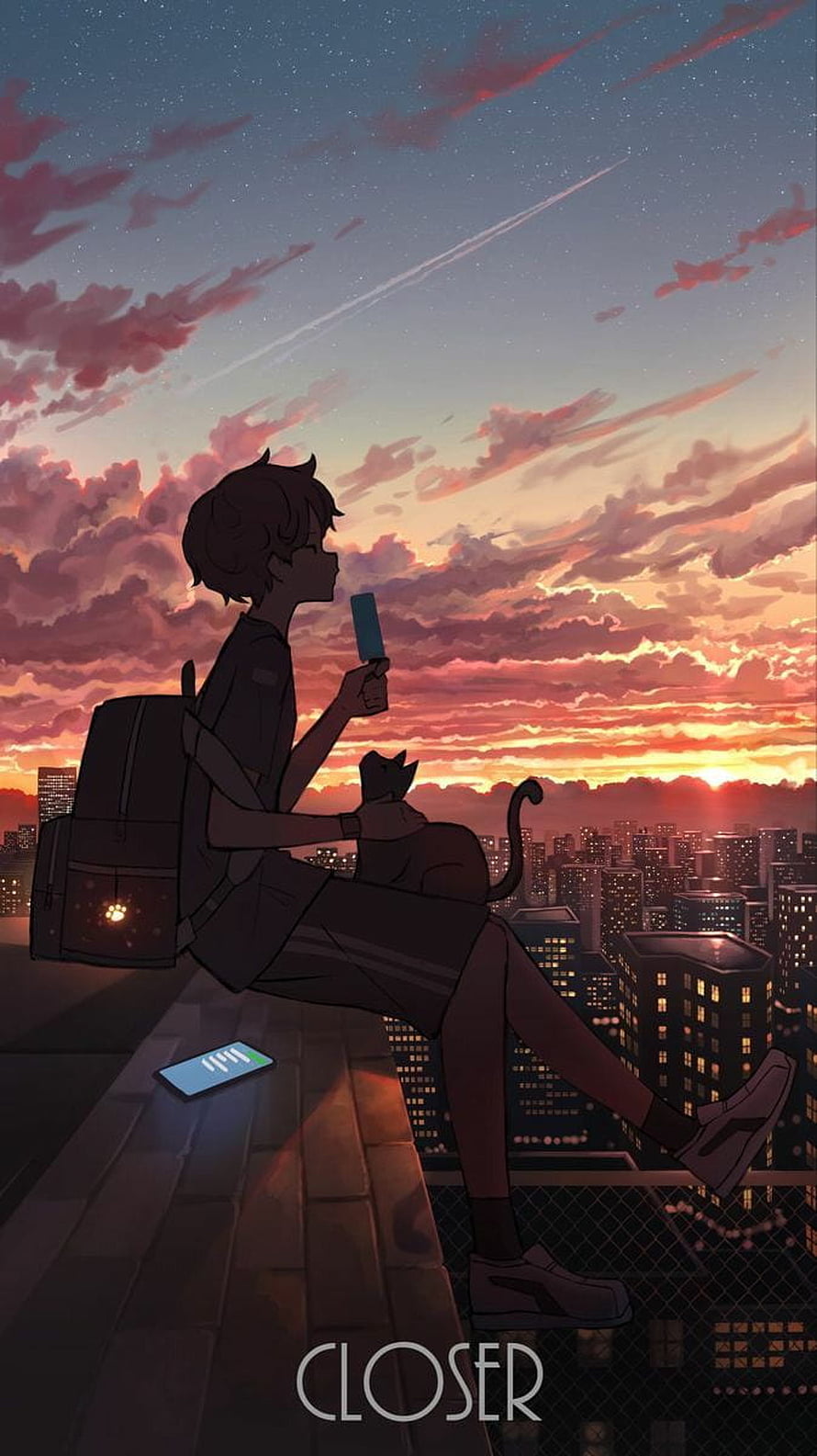 Anime Boy Sitting on Rooftop with Cat at Sunset Over City Skyline HD phone wallpaper