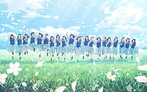 Hinatazaka46 members in matching blue and white striped uniforms dancing in a sunlit green meadow with falling petals HD wallpaper