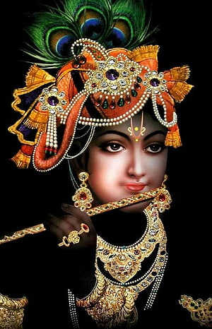 Lord Krishna Portrait with Peacock Crown and Flute in Ornate Gold Jewelry HD phone wallpaper