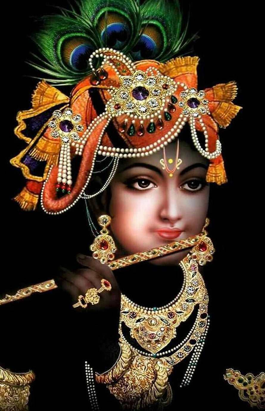 Lord Krishna Portrait with Peacock Crown and Flute in Ornate Gold Jewelry HD phone wallpaper