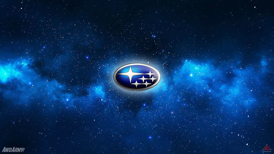 Subaru Star Cluster Emblem Set Against a Deep Blue Cosmic Nebula and Starfield HD wallpaper