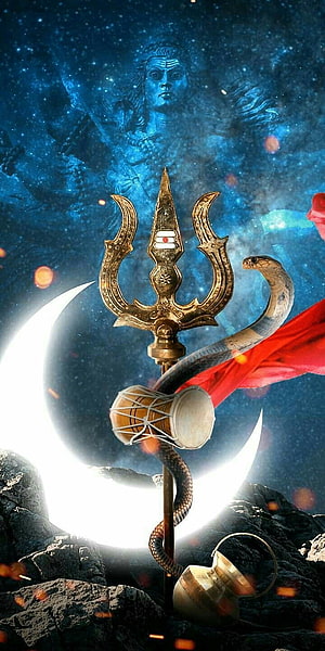 Mahadev Dark Trishul Snake and Crescent Moon Spiritual Artwork HD phone wallpaper