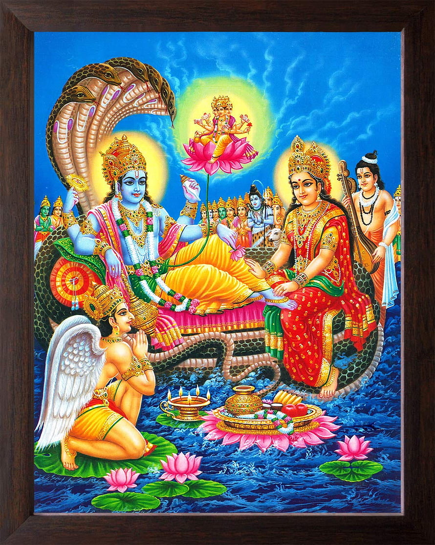 Lakshmi and Vishnu Seated on Serpent with Devas and Angel in Traditional Indian Painting HD phone wallpaper