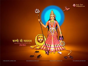 Karni Mata Hindu Goddess with Lion and Mice on Warm Orange Background HD wallpaper