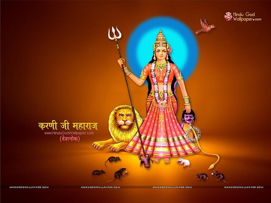 Karni Mata Hindu Goddess with Lion and Mice on Warm Orange Background HD wallpaper