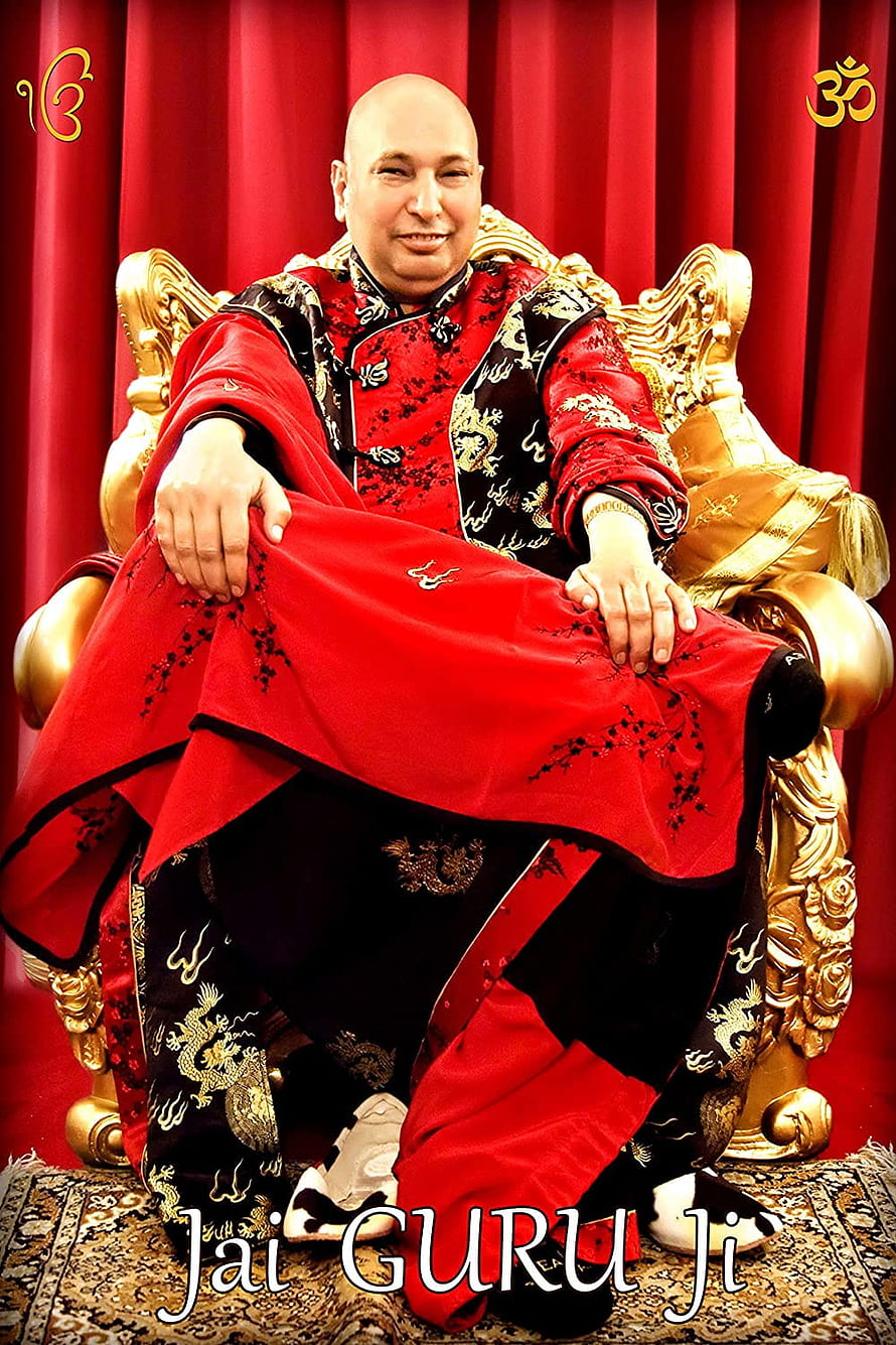 Guruji Portrait in Red and Gold Attire Seated on Ornate Throne HD phone wallpaper
