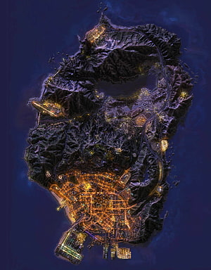 GTA V Los Santos Island Night Map with City Lights and Mountain Terrain HD phone wallpaper