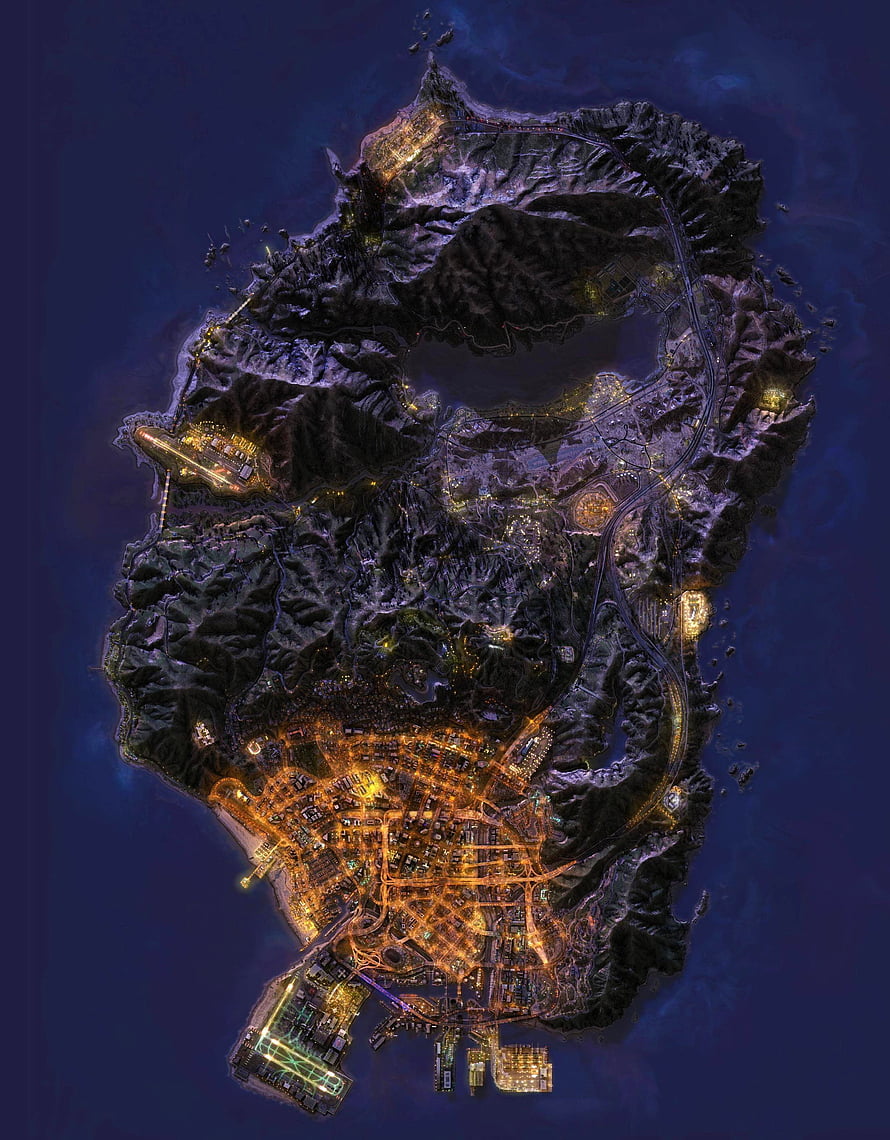 GTA V Los Santos Island Night Map with City Lights and Mountain Terrain HD phone wallpaper