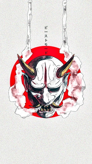 Japanese Oni Demon Mask with Horns and Red Circle Background HD phone wallpaper