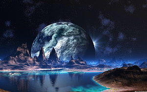 Alien Planet Landscape With Giant Moon Over Glowing Water And Jagged Mountains HD wallpaper