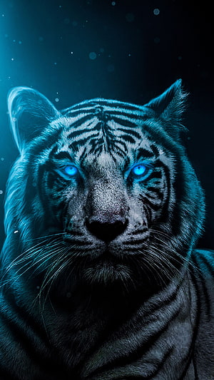 Glowing Blue-Eyed Tiger Portrait in Dark Teal Digital Art Style HD phone wallpaper