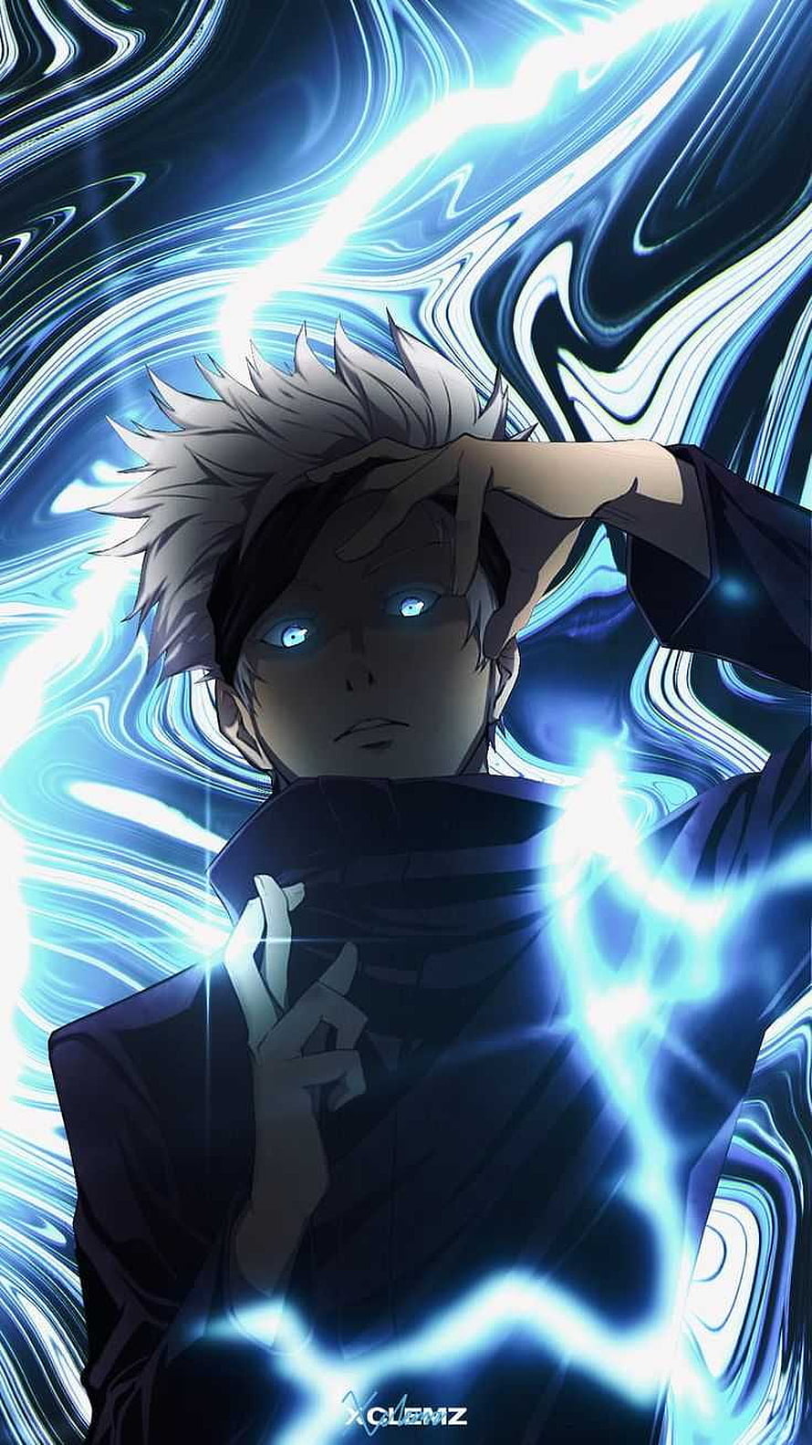 Gojo Satoru Anime Character with Electric Blue Energy and Glowing Eyes HD phone wallpaper