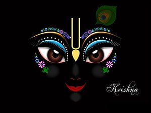 Lord Krishna Minimalist Face Art with Peacock Feather and Floral Details on Black Background HD wallpaper