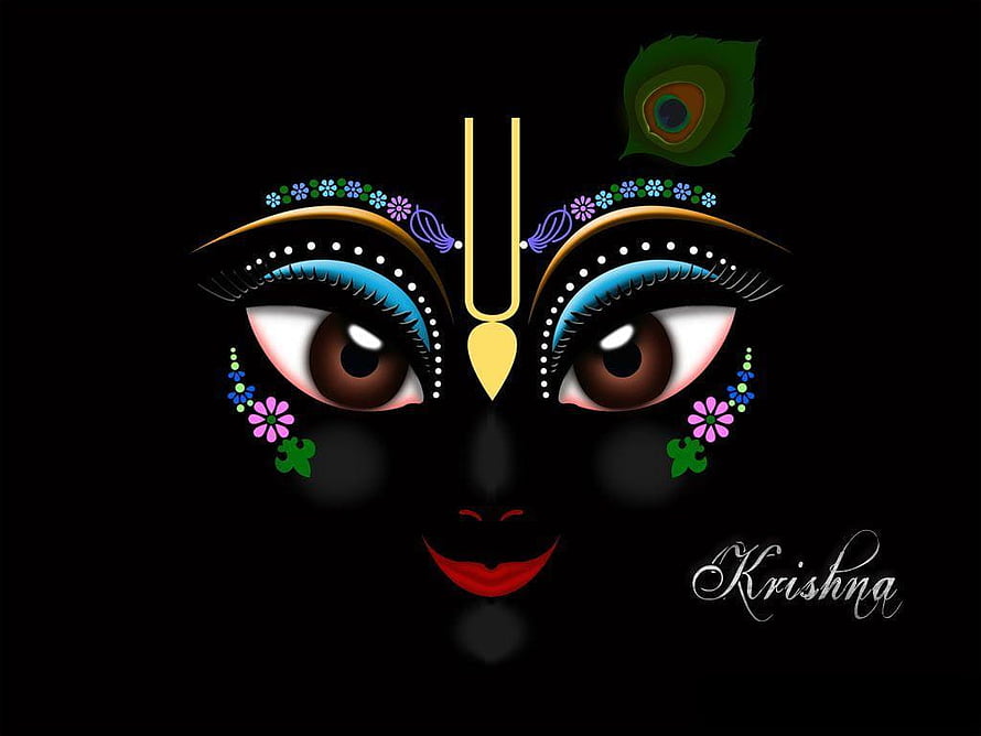 Lord Krishna Minimalist Face Art with Peacock Feather and Floral Details on Black Background HD wallpaper