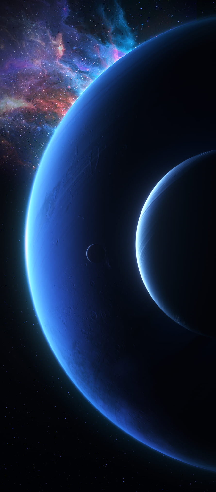 Blue Planet and Moon Silhouette Against a Vibrant Cosmic Nebula in Deep Space HD phone wallpaper