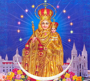 Our Lady of Good Health Velankanni Golden Statue with Cathedral and Roses HD wallpaper
