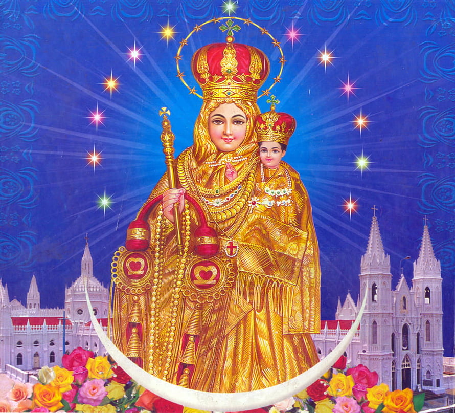 Our Lady of Good Health Velankanni Golden Statue with Cathedral and Roses HD wallpaper