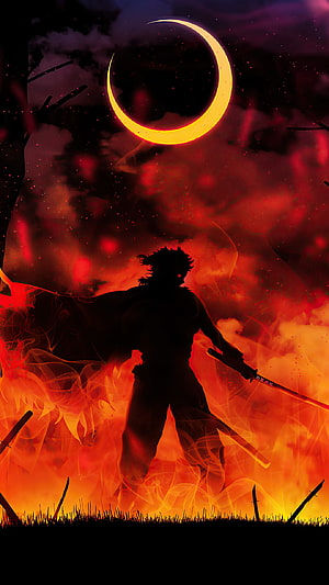 Demon Slayer Rengoku Silhouette Amidst Fiery Inferno and Eclipse Moon HD phone wallpaper