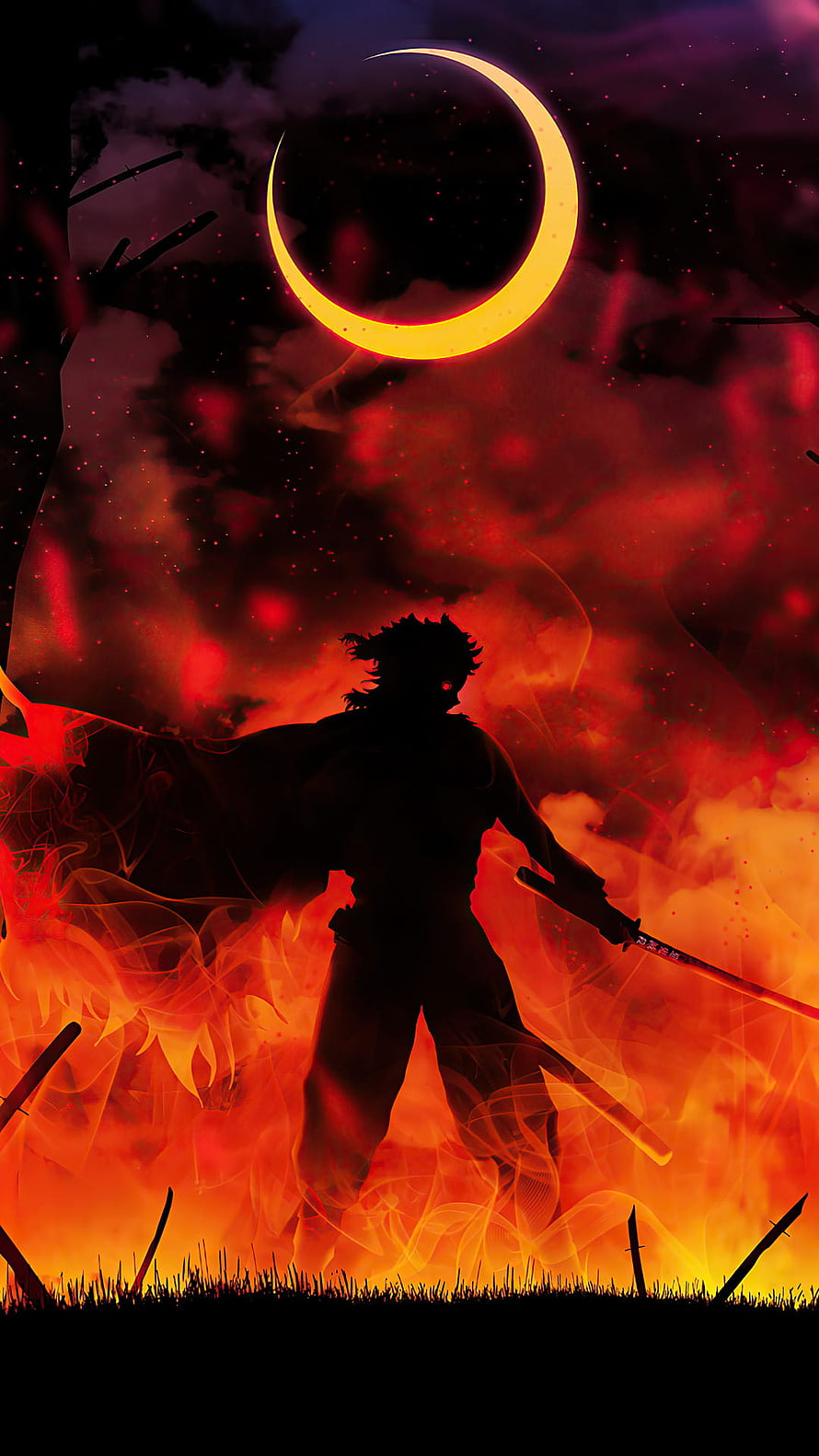 Demon Slayer Rengoku Silhouette Amidst Fiery Inferno and Eclipse Moon HD phone wallpaper