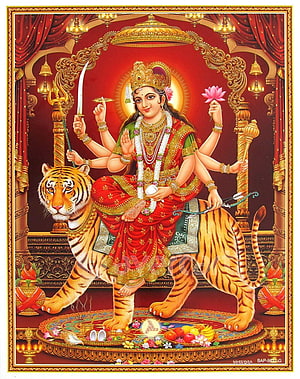 Goddess Amba Maa Sheravali Riding Tiger Indian Deity Artwork HD phone wallpaper