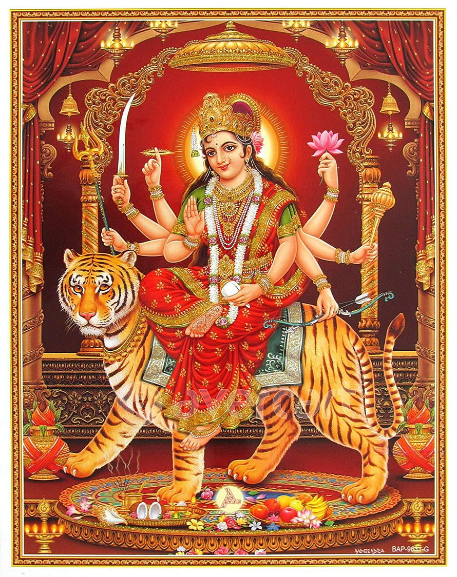 Goddess Amba Maa Sheravali Riding Tiger Indian Deity Artwork HD phone wallpaper