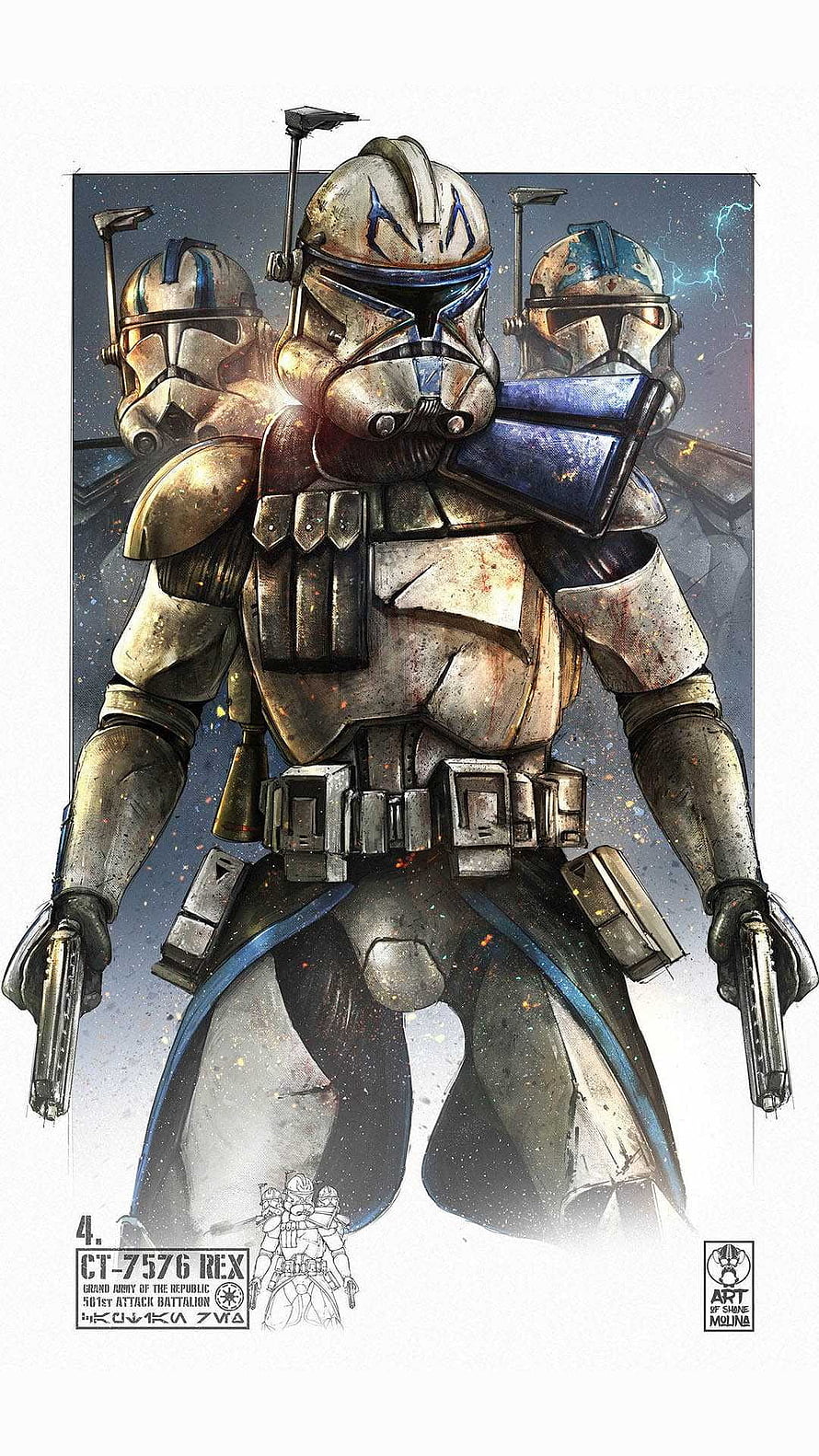 Captain Rex Clone Trooper Concept Art with Blue Markings and Blasters HD phone wallpaper