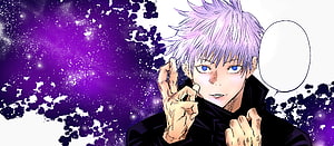 Gojo Satoru from Jujutsu Kaisen with Hollow Purple energy and purple cosmic background HD wallpaper