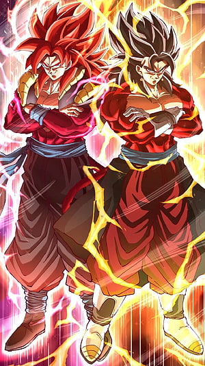 Gogeta and Vegito Super Saiyan 4 Anime Characters with Fiery Energy Auras HD phone wallpaper
