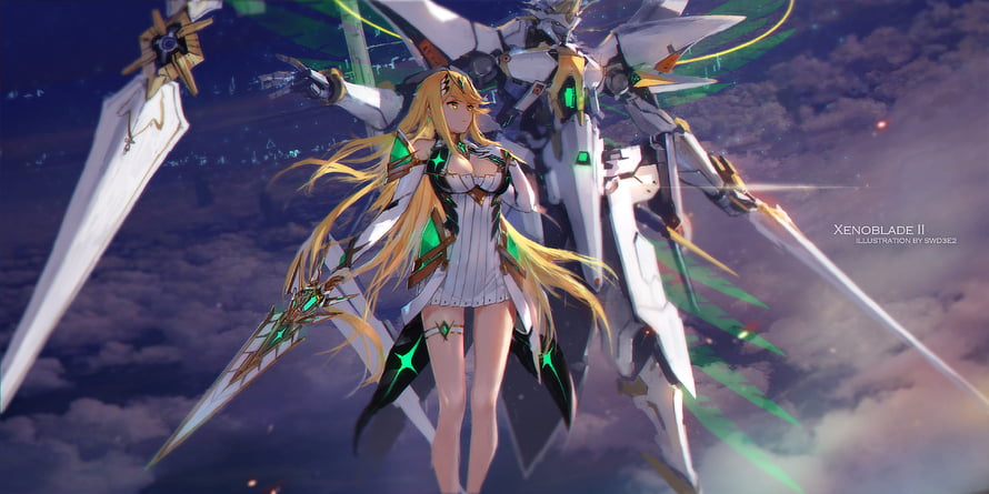 Pyra and Mythra with Mechonis Prime from Xenoblade Chronicles 2 HD wallpaper