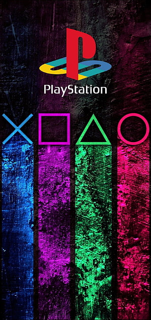 PlayStation Controller Symbols on Grunge Texture with Neon Color Stripes HD phone wallpaper